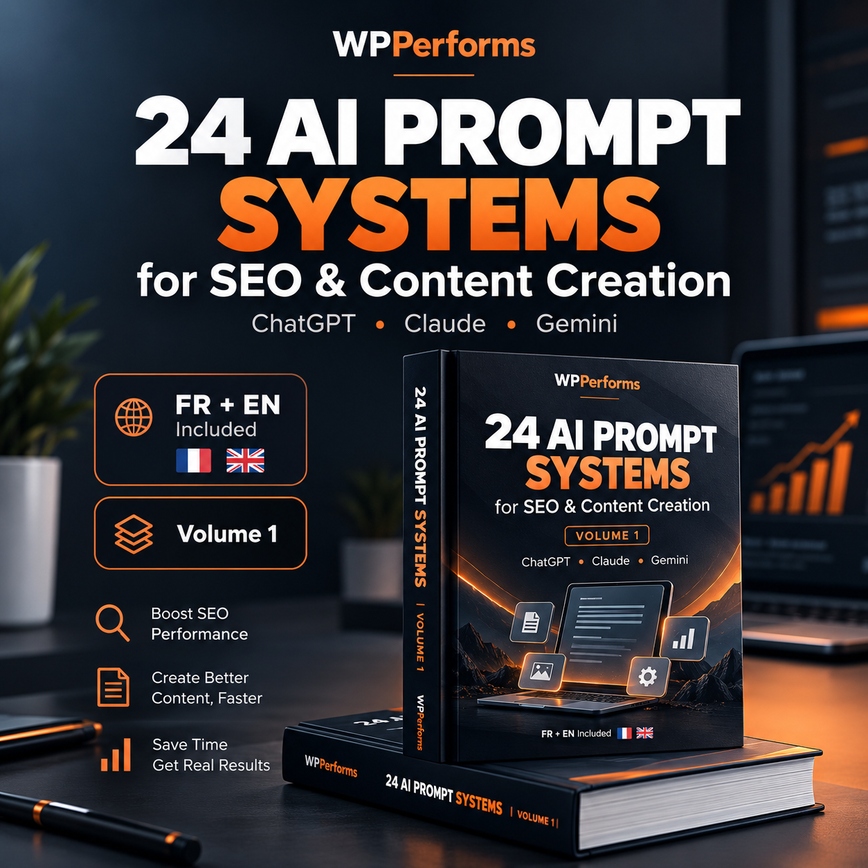 Couverture du produit numérique WPPerforms Prompt Systems Vol. 1 — SEO & Content, avec 24 systèmes de prompts IA pour ChatGPT, Claude et Gemini.