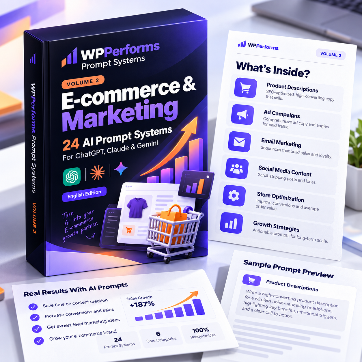 WPPerforms Prompt Systems Volume 2 E-commerce & Marketing avec 24 systèmes de prompts IA pour ChatGPT, Claude et Gemini