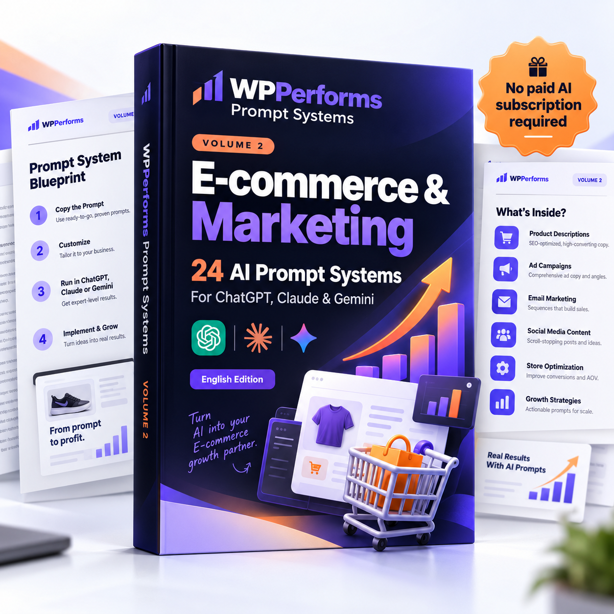 WPPerforms Prompt Systems Volume 2 E-commerce & Marketing avec 24 systèmes de prompts IA pour ChatGPT, Claude et Gemini